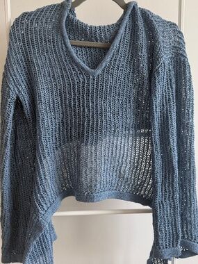 Cult Gaia Blue Open-Knit Cropped Sweater | Extra-Long Tie Sleeves | Cotton Blend